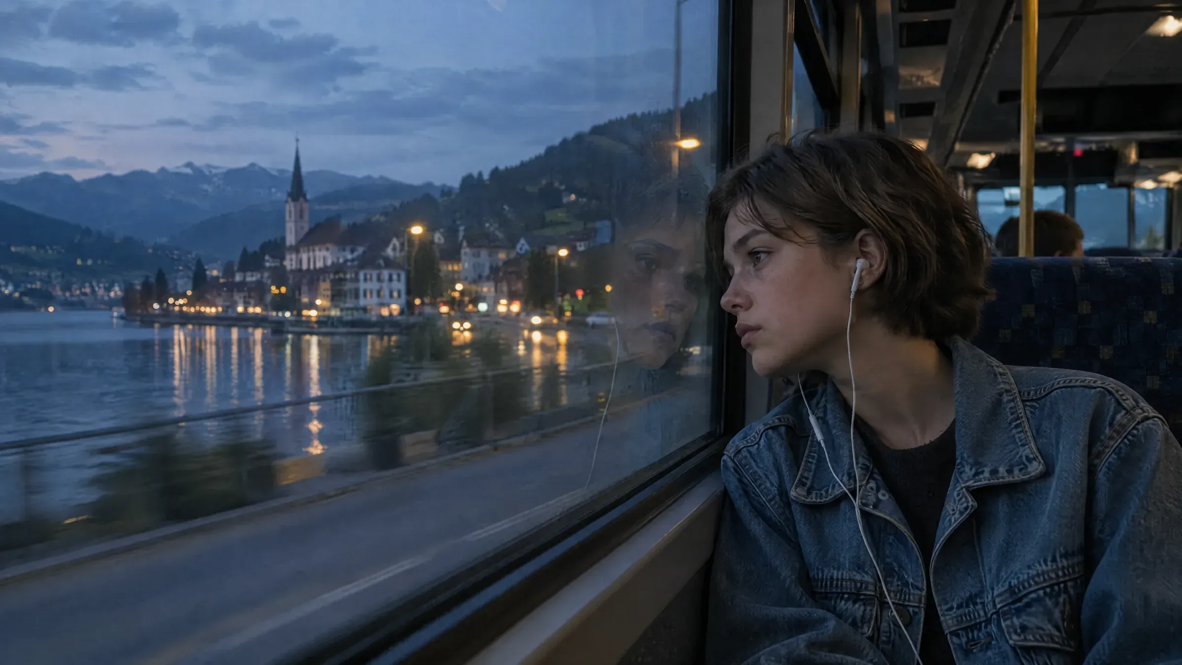 Eine Jugendliche schaut am Abend aus dem Busfenster auf den beleuchteten See.