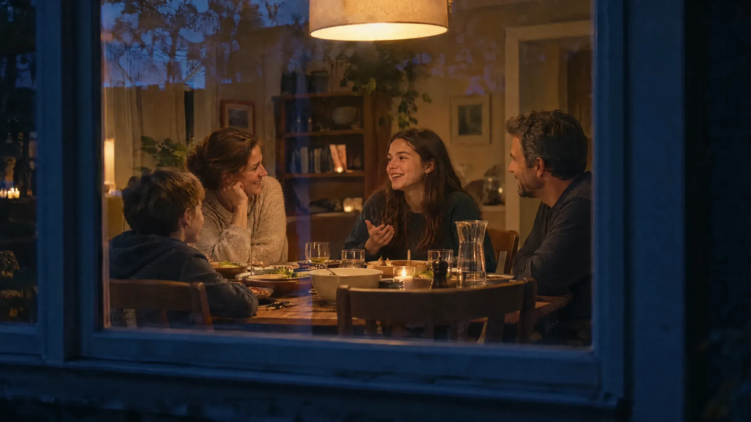 Durch ein Fenster am Abend: Eine Familie sitzt bei Kerzenlicht am Esstisch und lacht miteinander.