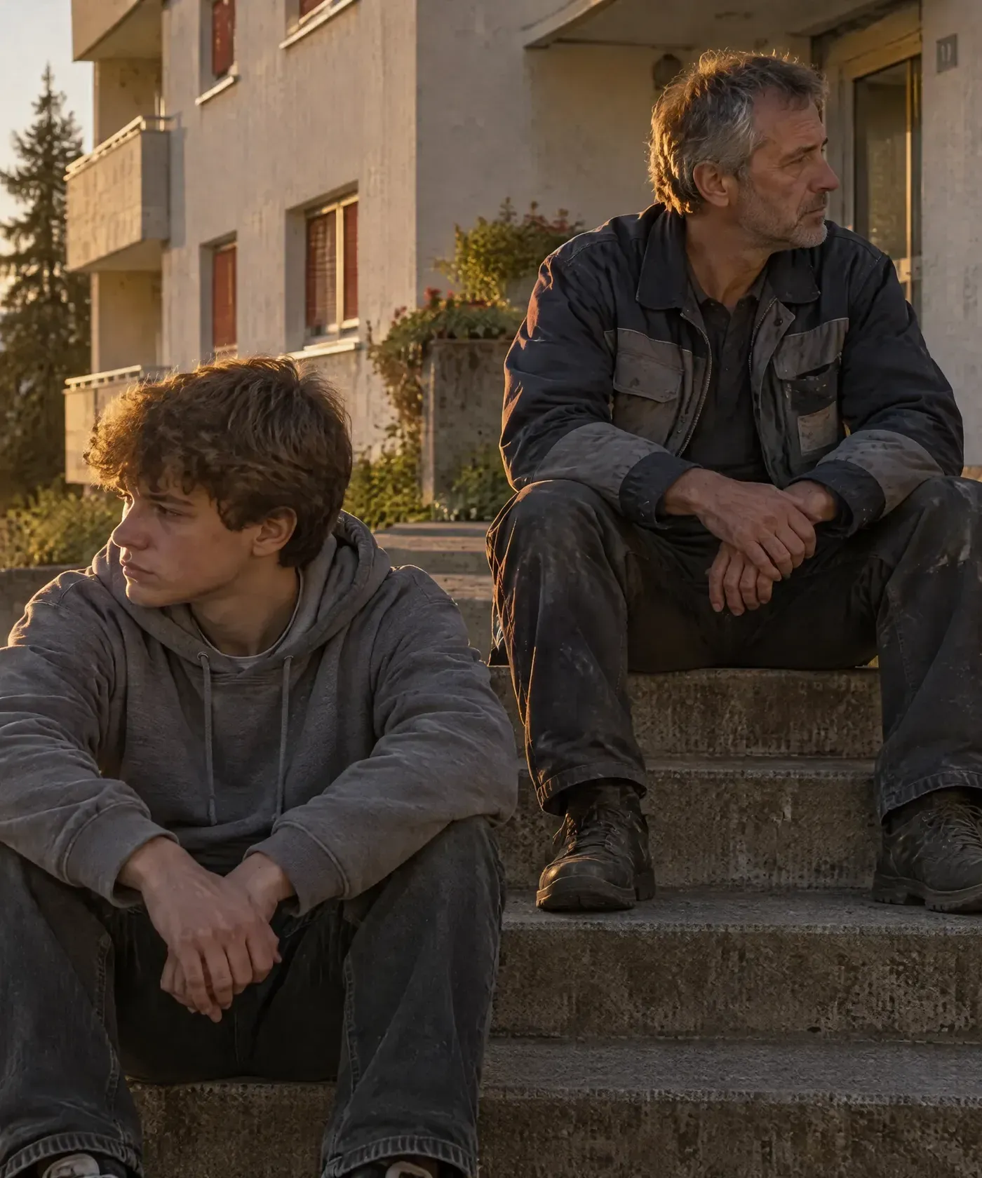 Ein Vater und sein Sohn sitzen im Abendlicht auf der Treppe vor ihrem Wohnhaus.
